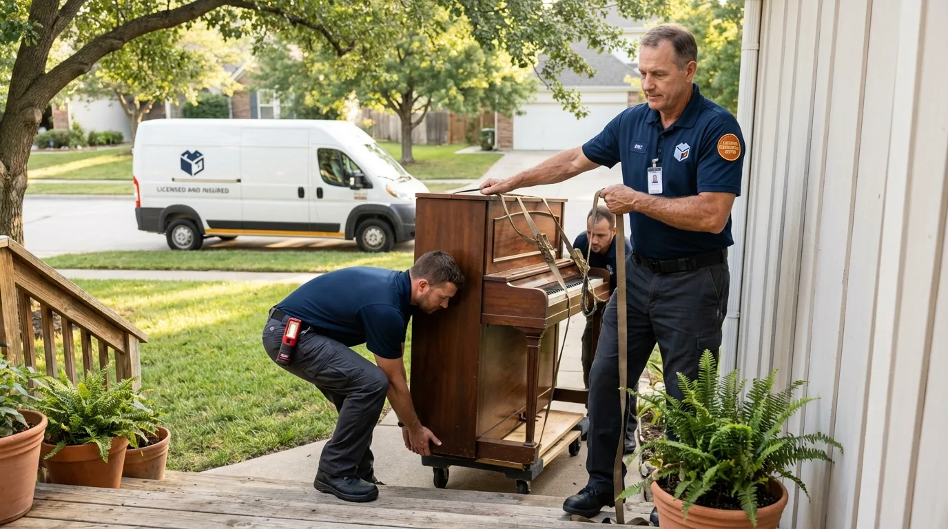 Licensed piano movers securing grand piano in Gunter, TX